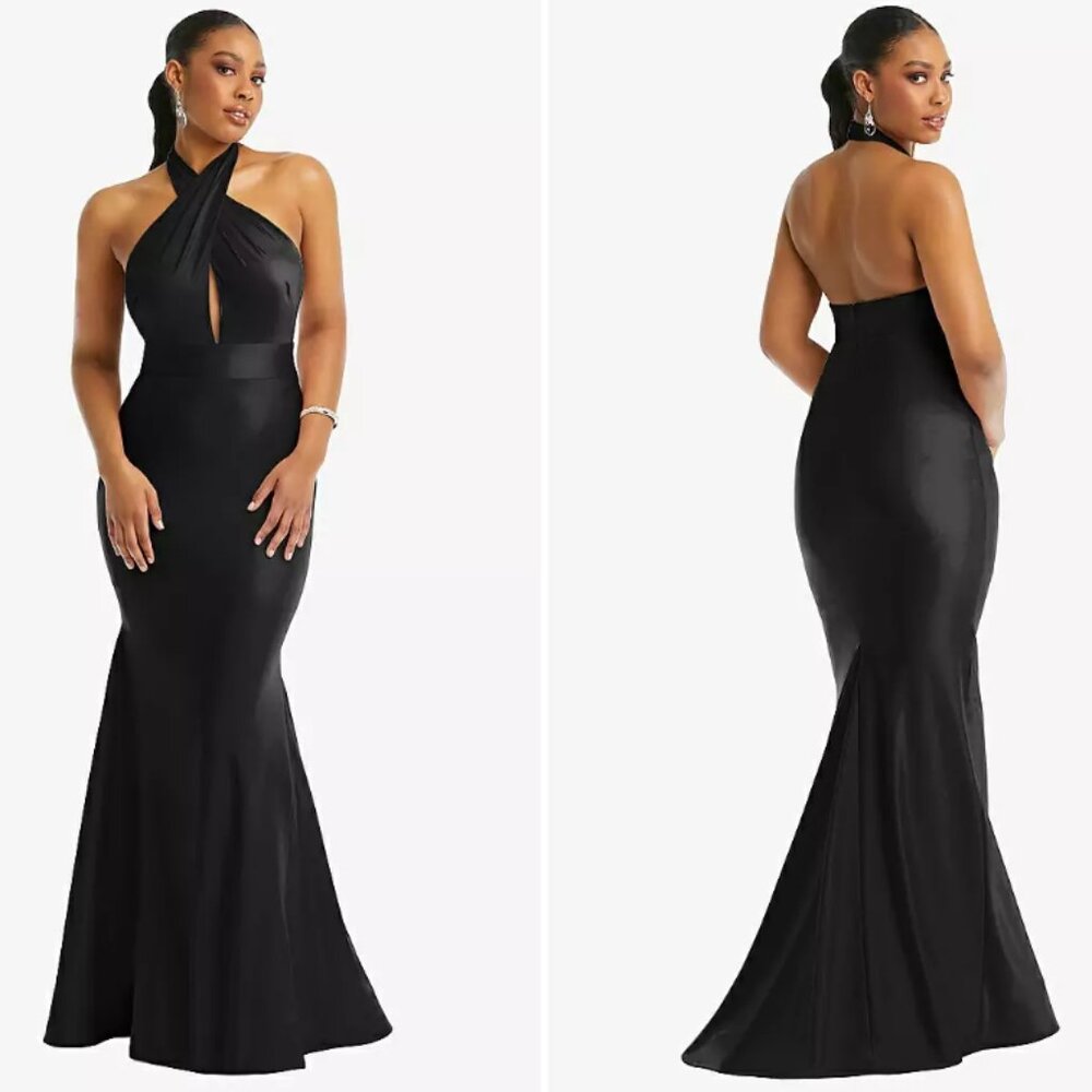 Cynthia & Sahar Black Criss Cross Halter Open Back Mermaid Dress CS112 Size XXS‎